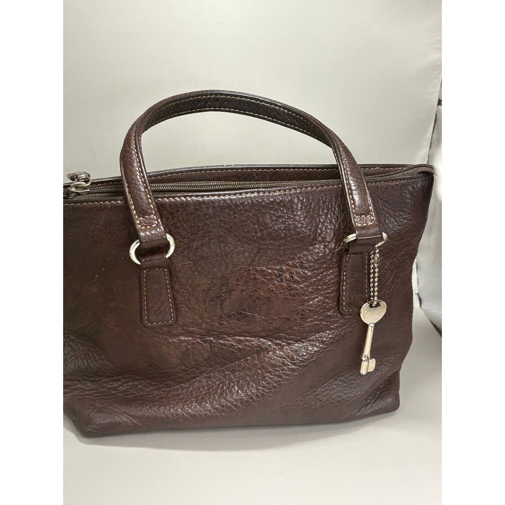 Fossil Dark Brown Pebbled Leather Shoulder Bag Zipper Satchel with Key Charm